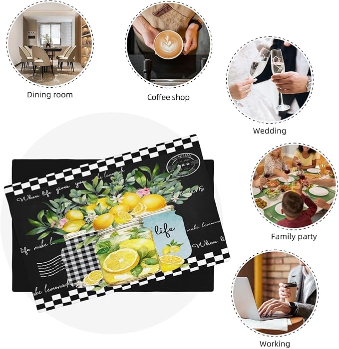 Lemon Fruit Placemats, Watercolour Lattice Black Minimalist Fruit Lemon Flower Plant Print Washable Fabric Placemats Table Kitchen Dining Party 12x18 Inch Set of 6