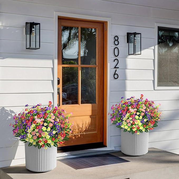 Artificial Faux Plants Flowers Outdoor Decoration,16 Bundles Fake Silk Colorful Daisy Eucalyptus Realistic UV Resistant for Outside Home Planter Porch Patio Yard Decor (red, white, pink,purple, green)