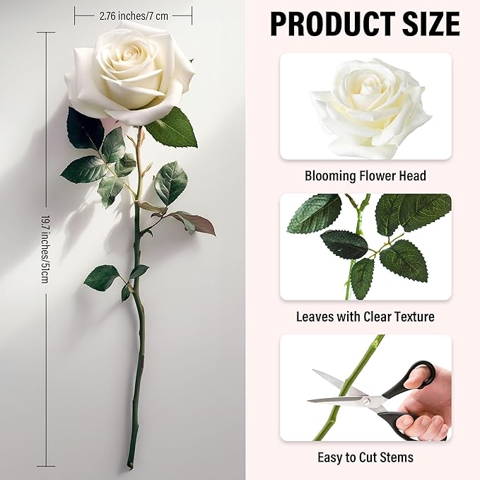 20PCS Artificial Roses with Long Stems - Realistic Silk Flowers, Fake Roses Real Touch Bouquet Roses for Home Decor, Bridal Wedding Table Centerpieces, Faux Rose Flowers (White&Sky Blue)