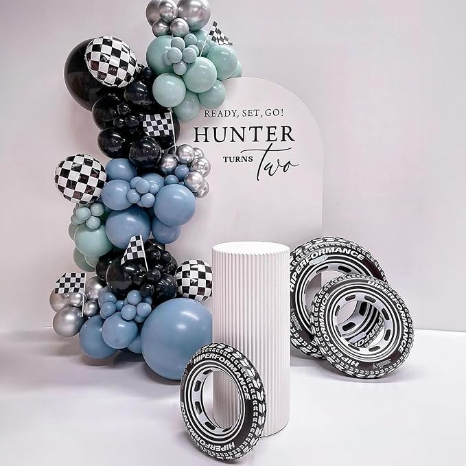 Dusty Blue and Black Balloons 60pcs 12 Inch Race Car Slate Light Pale Blue Green Black Metallic Silver Latex Helium Balloon for Boys Race Car Fast Birthday Safari Baby Shower Party Decorations