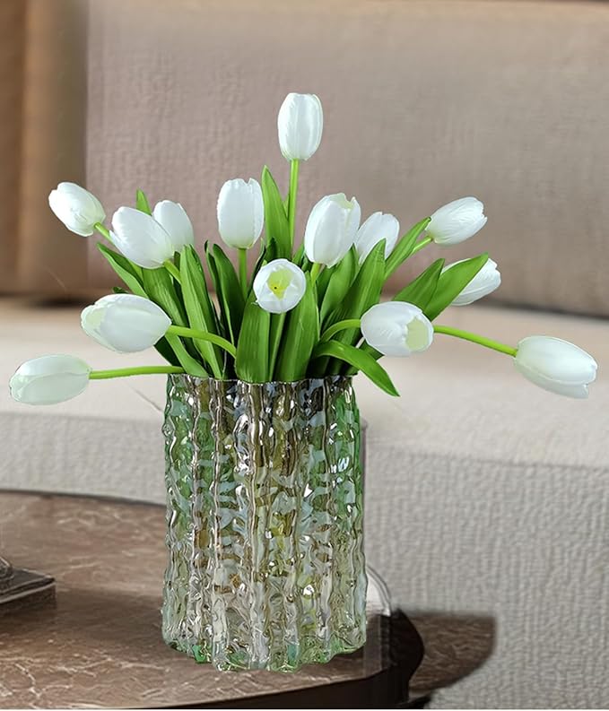 12pcs White Artificial Tulips Silk Faux Flowers Real Touch for Wedding Bouquet, Home Decor, Party Centerpiece, Table Decor, Mother's Day Easter Spring Gifts