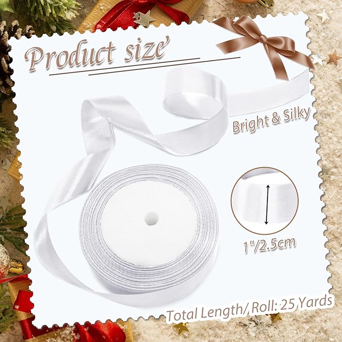 Luomorgo 1 Inch White Satin Ribbon, 25 Yards Solid Color Ribbon, Fabric Ribbon for Gift Wrapping, Flower Bouquet, DIY Craft, Sewing, Wedding, Birthday Party Decorations