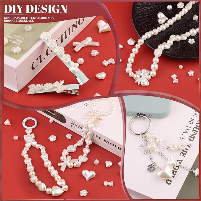 Assorted 270-320PCS Mix ABS Imitation Pearl Beads for Bracelet Making, Bow Heart Kawaii Acrylic Beads,Cute Bead for Jewelry Making DIY Necklace Keychain Phone Charm Christmas Gifts