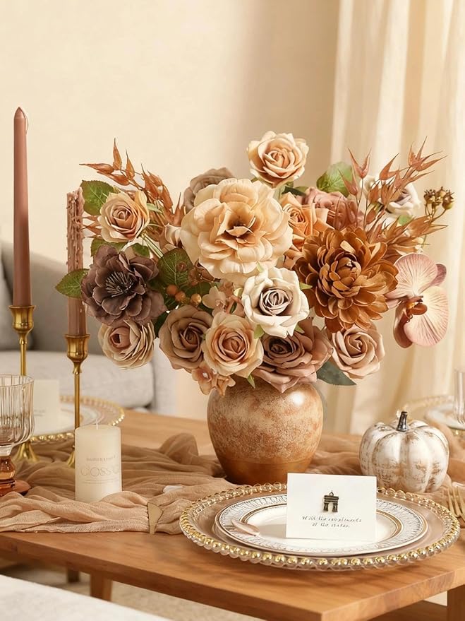 Coffee Artificial Flowers Combo Brown Silk Flowers Fake Roses Dahlia with Stems for DIY Wedding Bridal Bouquets,Table Centerpieces,Cake Floral Arrangement,Baby Shower,Birthday Home Decor