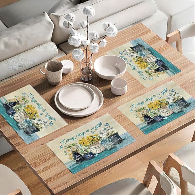 Farmhouse Spring Flower Placemats Set of 4 Every Day is A Gift Country Rustic Floral Yellow Double-Sided Table Mats for Dining Room Home Party Indoor 4 PCS 12x18 Inch