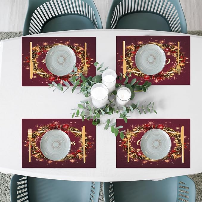 Xmas Christmas Bells Red Placemats Set of 1 PVC Vinyl Non Slip Table Mats Heat Resistant Place Mats Washable Wipeable Dining Table Mat for Kitchen Decor Party Indoor Outdoor Decorative Gift
