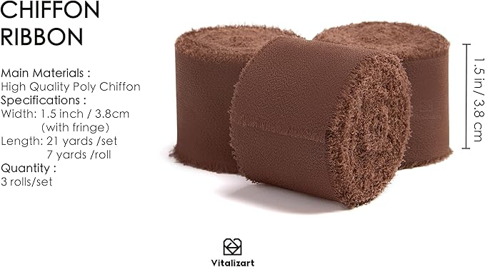 Vitalizart Brown Handmade Chiffon Silk Ribbon Fringe 3 Rolls 1.5" x 21 Yd Dark Brown Frayed Edges Ribbons for Wedding Invitations Bridal Bouquets Gifts Wrapping Crafts Holiday Decor