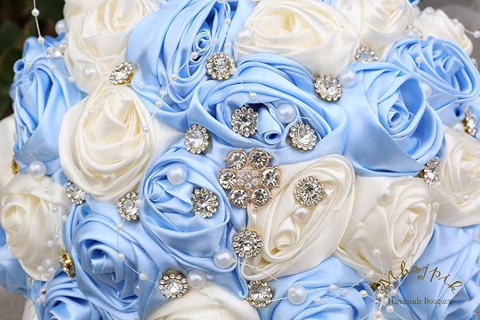 Bridal Wedding Bouquet Round Bling Brooch Bouquet Throw Toss Artificial Rose Flower Bunch for Bride Bridesmaid Wedding Quinceanera(Light Blue & Ivory, 6.3")