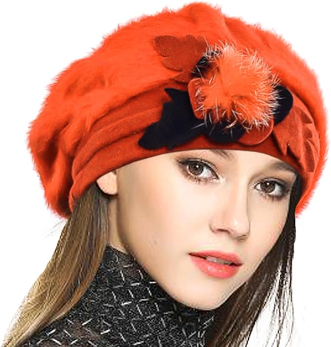 VECRY Lady French Beret 100% Wool Beret Floral Dress Beanie Winter Hat