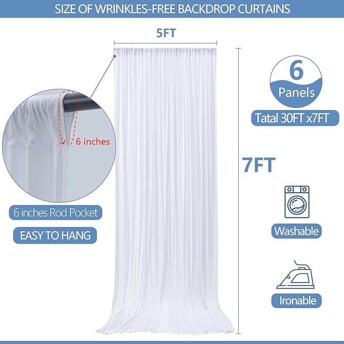 Wrinkle Free White Backdrop Curtain for Parties 30x7ft Soft Fabric Drapes Wedding White Curtain Backdrop for Birthday Party Decorations Background for Photography 5x7ft, 6 Panels