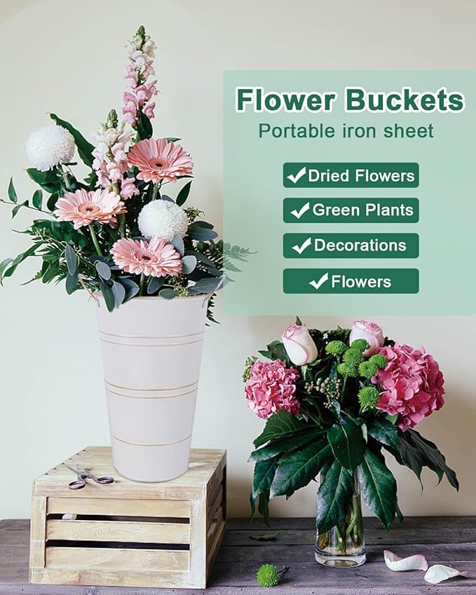 12 Inch Galvanized Metal Vases for Flowers - 6 Pcs Farmhouse Decorative Tall Flower Bucket with Handles, Rustic French Tin Planter Buckets for Wedding Decor (White)