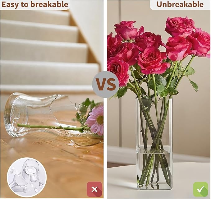 Acrylic Square Flower Vase, Non-breakable Vase, 4" x 4" x 10" Tall Clear Vases for Flower, Large Cube Floral Plant Container, Planter Terrarium for Wedding Party Event, Home Office Decor