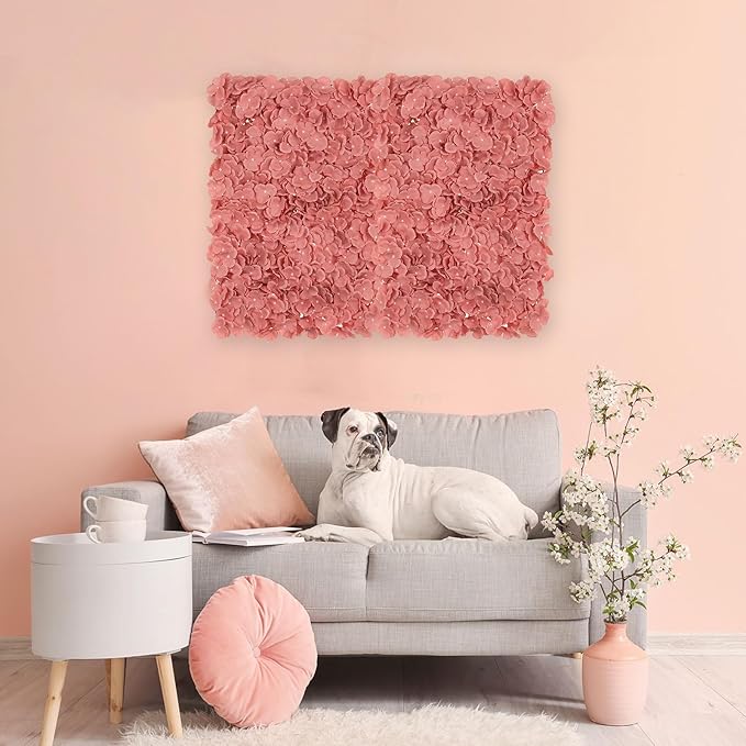 BLOSMON Artificial Flower Wall Panel - Set of 6 Dusty Pink Fake Silk Hydrangea Floral Backdrops (24 x 16 Inch) - Perfect for Wedding Party Baby Shower Decoration