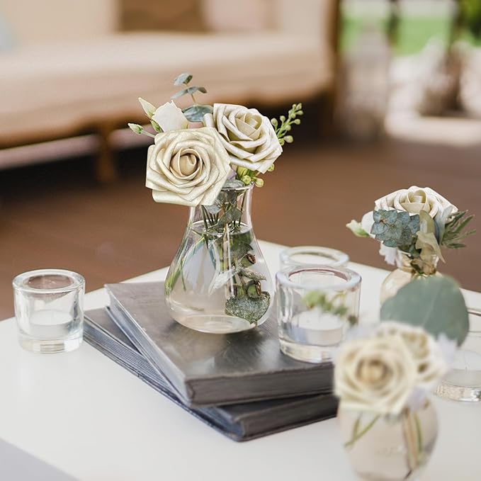 Artificial Flowers, 50pcs Champagne Light Gold Rose for DIY Wedding Bouquets Centerpieces Arrangements, Artificial Rose with Stem for Bridal Shower Party Home Decorations