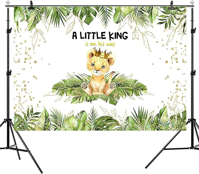 15x10ft Baby Shower Backdrop A Little King is On His Way Photography Background Lion Crown Jungle Forest Green Leaf Kid Birthday Party Banner Decorations Newborn Portrait Photo Booth Prop