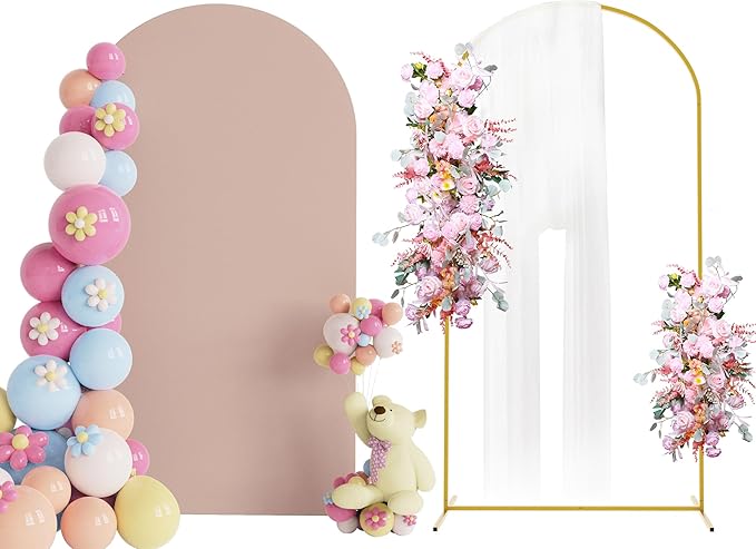 Putros 7.2ft Metal Arch Stand with Cover Nude Pink Spandex Fitted Wedding Arch Cover and Round Top Chiara Backdrop Stand Set for Birthday Party Baby Shower Decoration