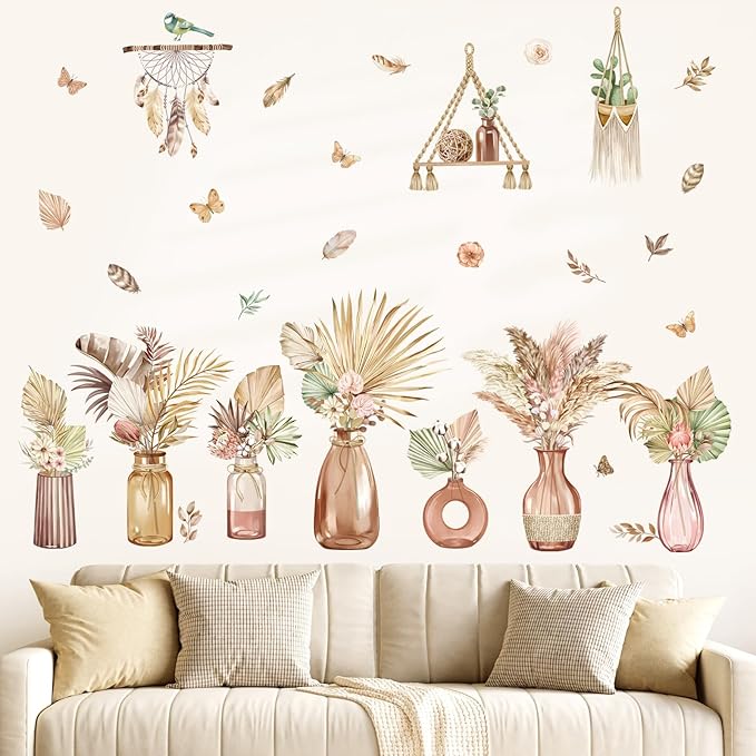 decalmile Boho Palm Leaves Wall Decals Flower Vase Tropical Plants Butterflies Wall Stickers Bedroom Living Room Sofa TV Background Wall Décor