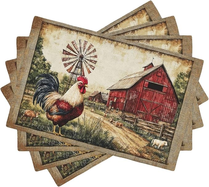 Retro Chicken Placemats Set of 4 Washable Table Farmhouse Rooster Heat-Resistant Cotton Linen Place Mats for Dining Table Kitchen Indoor Outdoor Party Holiday Decor