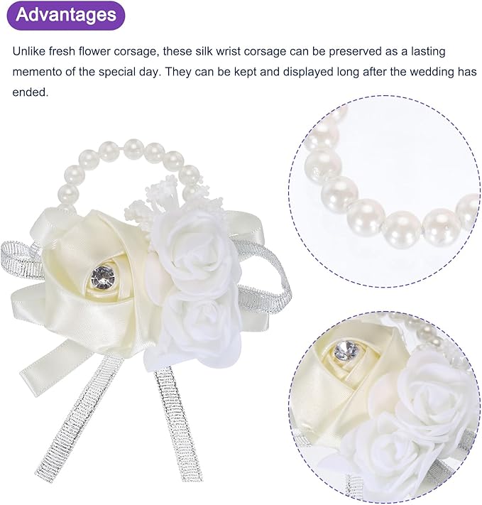 MECCANIXITY Wrist Corsage Artificial Flower Bracelets Rose Wrist Bride Groom Decorative for Wedding Ceremony Prom Party Anniversary Cream