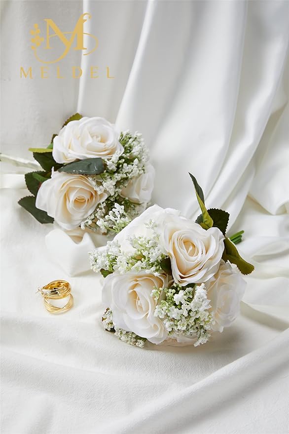 Meldel 6.5 Inch Bridesmaid Bouquet Set of 6, Ivory Wedding Bouquets for Bridesmaids, Small Bridesmaid Bouquets for Wedding, Artificial Wedding Bouquet Flower, Floral Wedding Centerpieces