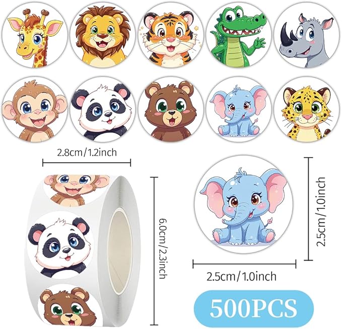 1000 Pcs Cute Animal Stickers for Kids Boys and Girls.Waterproof Vinyl Sticker Packs for Water Bottles Phone Case Laptop Book.2 Roll 1 Inch Kawaii Stickers Bulk Gift for Birthday Party Favors