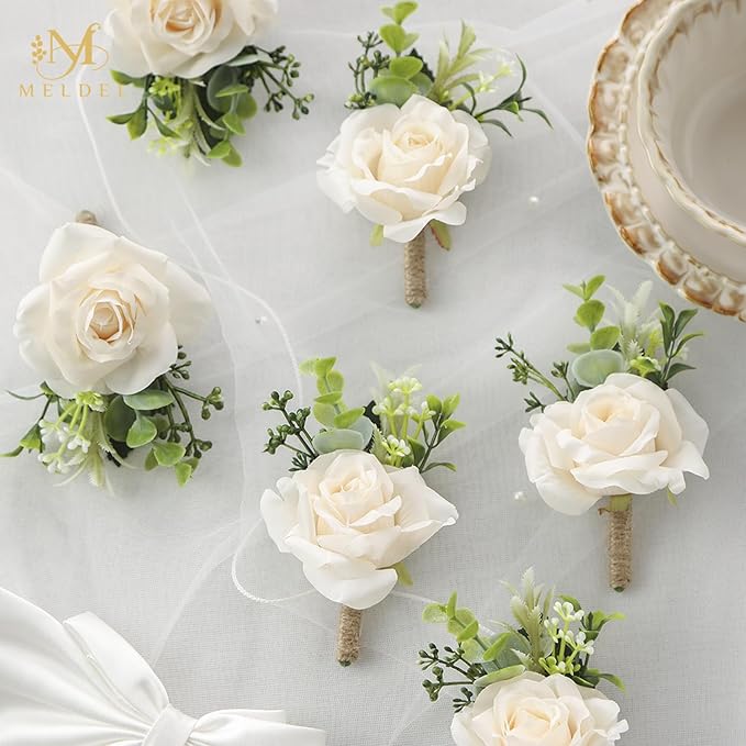 Meldel Boutonniere for Men Wedding, Set of 6, Artificial Champagne Rose Flower Corsage for Groom and Best Man, Ceremony Anniversary Formal Dinner Party, Fall Vintage Rustic Marriage Prom Decor