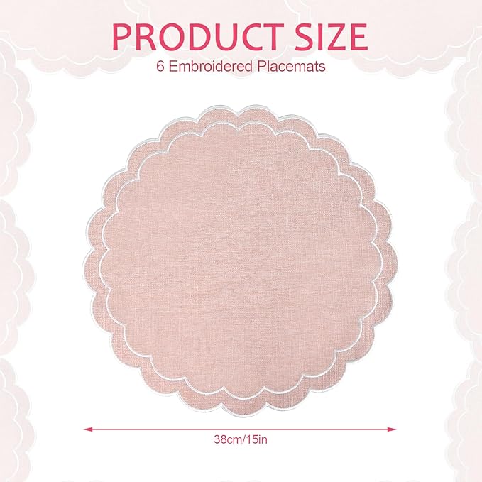 Set of 8 Cotton Linen Placemats, 15x15 Scalloped Flower Embroidery Cloth Table Mats Double Layered Fabric Machine Washable Wrinkle Free Dining Placemat for Hotel Restaurant Kitchen Decor, Pink