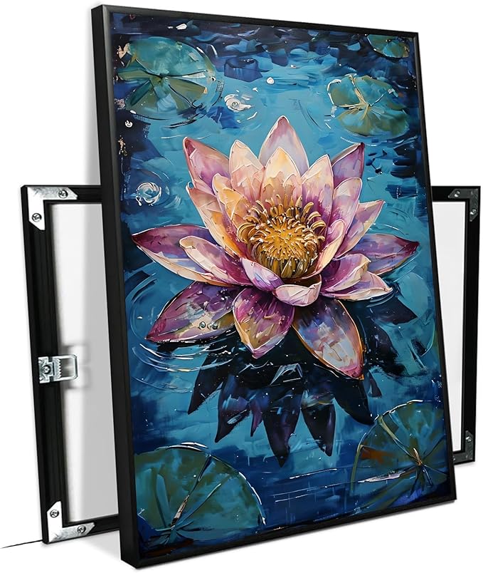 Gorgeous pink and purple water lilies on deep blue water Eye-catching oil painting Serene aquatic wall art for modern home decor 20x30in Metal blackFramed