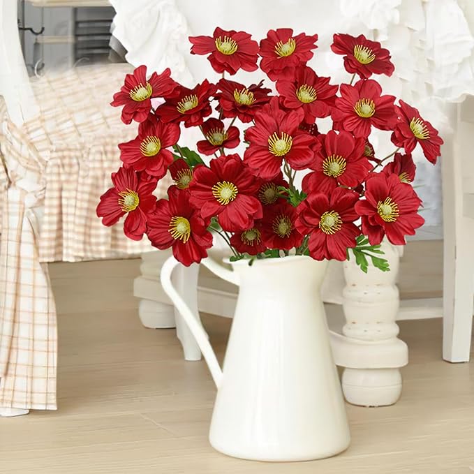 5 Pcs Artificial Flowers with Stems Faux Daisy Flowers Bouquet Red Gardenia Silk Flowers for Home Decor Indoor Vase Outdoors Balcony Table Centerpiece Outside Floral Arrangements Wedding