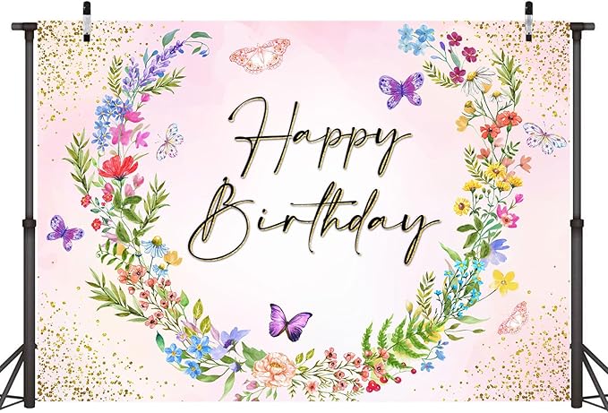 Sensfun Wildflower Happy Birthday Backdrop Banner for Women Wild Flower Birthday Decorations Rustic Floral Butterfly Photography Background for Girls Wildflower Bday Party Decor Photo Booth Prop 7x5ft