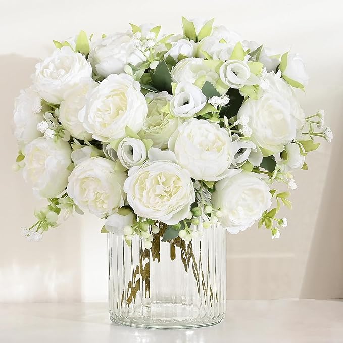 MARTINE MALL 4 Packs Peonies Artificial Flowers, White Artificial Peonies, Silk Peonies Flowers Fake Peonies Artificial Flowers Peonies Bouquet for Centerpiece Table Wedding Party Home Decor