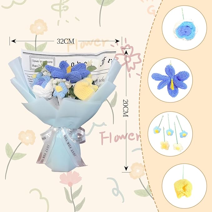 Crochet Flower Bouquet Blue Knitted Flowers Tulips and Blue Roses Daisies Handmade Crochet Flowers Knitted Bouquet Home Decor, Anniversary, Birthday Gift，Mother's Day Graduation Gifts(blue)