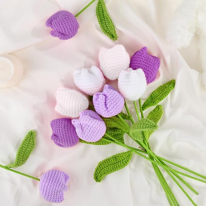 TLY 10 Pcs Crochet Tulips Flowers Artificial Flowers Bouquet Finished Handmade Knitted Tulip Bouquets with Leaf and Long Stem for Home Centerpieces Decor Valentine's Day Wedding Anniversary