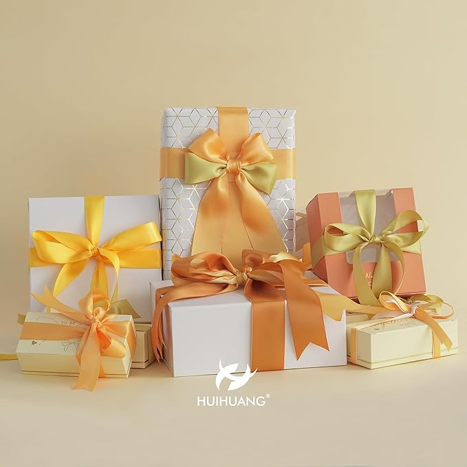 HUIHUANG Gold Ribbon for Gift Wrapping, 1" Assorted Satin Ribbon for Flower Bouquet, Crafts, Bows Making, Holiday Home Decor - 6 Rolls