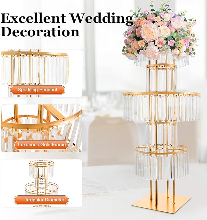 Wedding Gold Vases Centerpieces Crystal Flower Stand with Hanging Crystals, 5 Tier Round Chandelier Pedestal Stand,Crystal Wedding Flowers Stand,Perfect for T-Stage Wedding Party Hotel Decor
