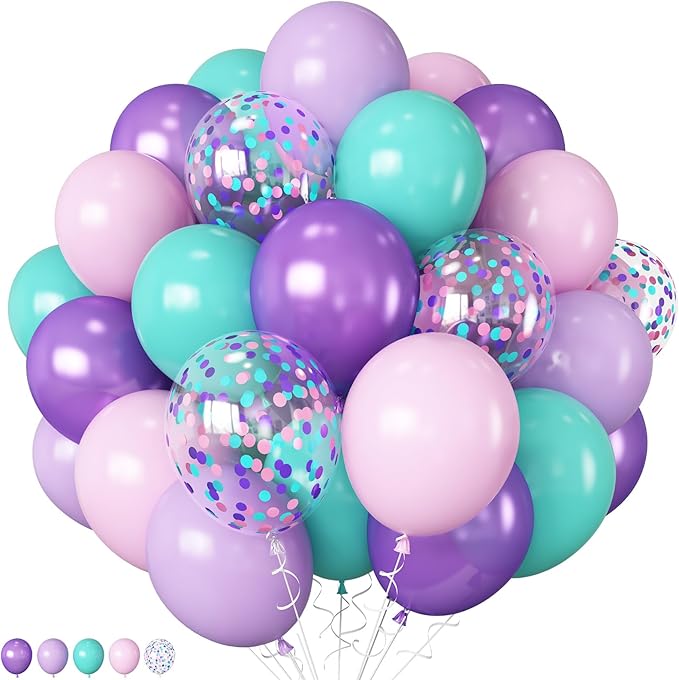 Mermaid Balloon Set 12 inch Purple Pink Teal Blue Latex Balloons with Confetti Teal Blue Purple Light Pink Latex Balloon for Girls Mermaid Under The Sea Birthday Baby Shower Party Decorations