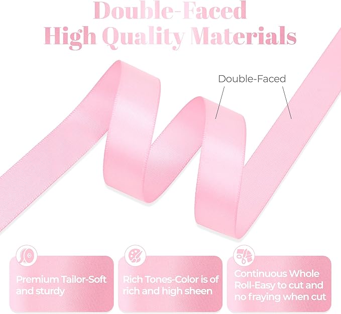Pink Satin Ribbon, Double Faced 5/8 Inch X 50 Yards Pink Ribbon, Premium Satin Ribbon for Gift Wrapping, Crafts, Hair Bow Making, Sewing, Flower Bouquet, Wedding Party Decor