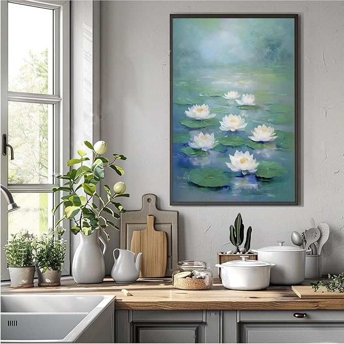 Zen wall art Delicate white lotus flower floating on calm water Vintage oil painting print Serene aquatic wall art creates a tranquil home decor 20x30in Metal blackFramed