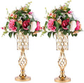 20in Metal Crystal Wedding Centerpiece Vases for Tables Set of 2, Gold Trumpet Flower Vase Stands for Wedding Party Reception Dining Room Living Room Décor