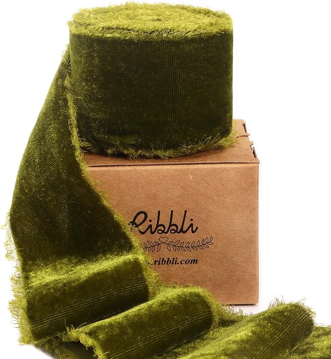 Ribbli Moss Green Velvet Ribbon 2 Inch Handmade Frayed Vintage Christmas Ribbon for Gift Wrapping Christmas Tree Ornament Wreath Craft Home Decor -3 Yards