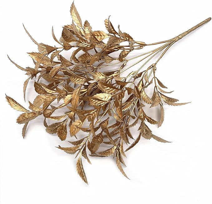 CATTREE Christmas Artificial Plants, Plastic Leaves Fake Grass Faux Shrubs Bushes for Home Indoor Outdoor Garden Leaf Wedding Festival Decoration Hall Table Golden Planter Filler - Gold 3 Pack