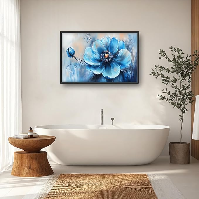 Extra Large Abstract Blue Flower Framed Wall Art for Living Room,Oversized Elegant Floral Pictures Wall Decor,Canvas Print Painting Modern Artwork Bedroom Office Bathroom 36L x 24W