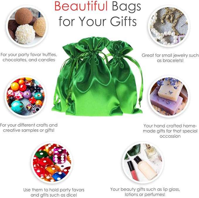 3" x 4" Green Satin Gift Bags, Jewelry Bags, Wedding Favor Silky Drawstring Bags Baby Shower Christmas Gift Bags 50 per Pack