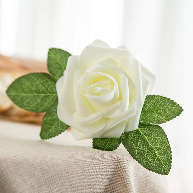 25pcs Artificial Flower Foam Rose Real Touch Roses Flower Heads with Stem for DIY Wedding Bouquets Centerpieces Arrangements Party Baby Shower Home Decor (Ivory)