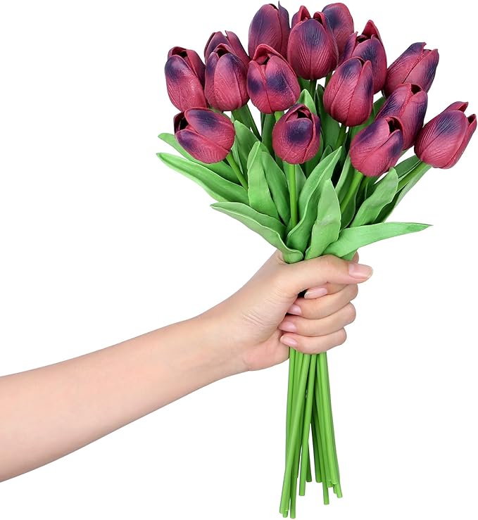 SITUMEIZI 15pcs Tulips Fake Burgundy Artificial Flowers Real Touch 14" Silk Flower for Home Decor Easter Spring Wedding Bouquet Decorations Mother's Gift Day Floral Arrangements