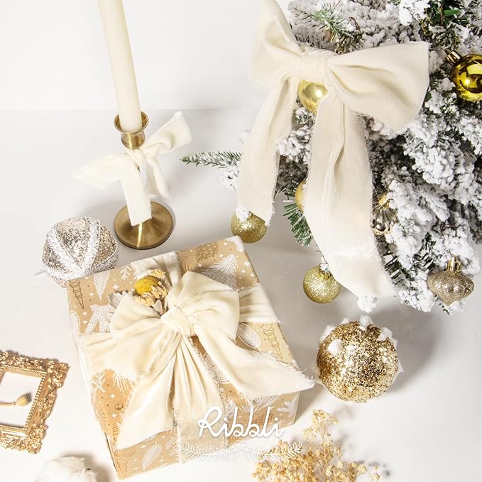 Ribbli Ivory Velvet Ribbon 3 Inch Handmade Frayed Vintage Christmas Ribbon for Gift Wrapping Christmas Tree Ornament Wreath Craft Home Decor -3 Yards