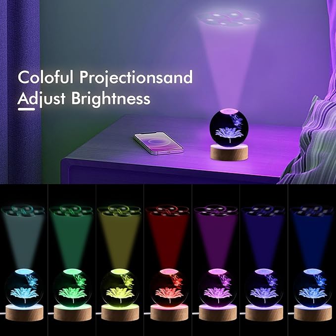 Butterfly Gifts for Women, 3.15in 3D Crystal Ball Lamp with Remote, Night Light, Butterfly Decor, Lamp Birthday Christmas Mother Day for Girls, Woman, Daughter