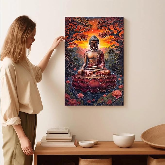 Golden Buddha on lotus seat serene meditation statue amidst lush trees flowing water and sunrise light spiritual home art for a tranquil decor 20x30in Frameless