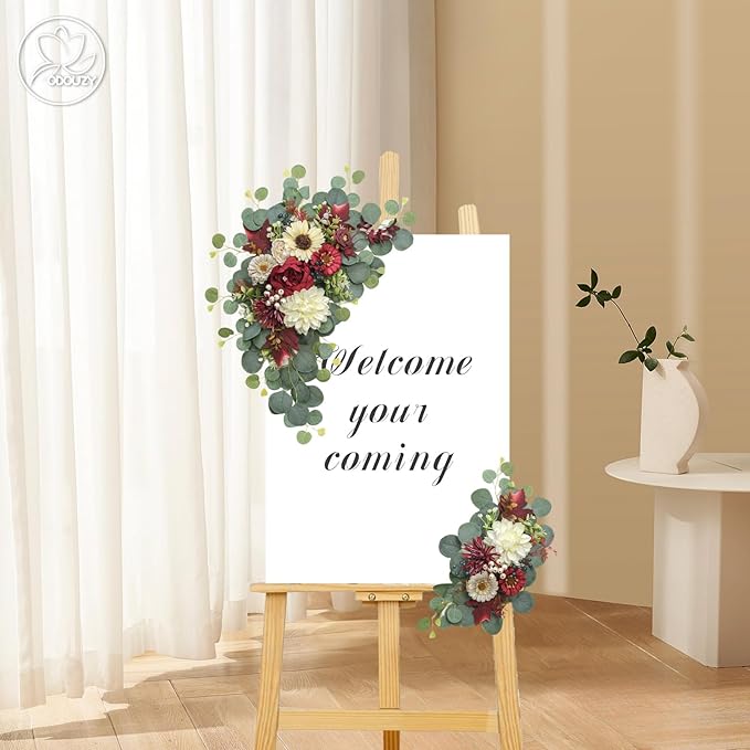 Artificial Wedding Arch Flowers for Wedding Sign,Set of 2 for Wedding Welcome Ceremony Sign,Faux Floral Swags,Wedding, Banquet and Reception Backdrop Floral Decoration (White Red)