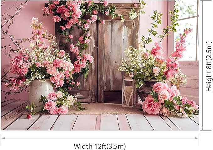 AOTOFO 12x8ft Rustic Wood Floral Backdrop for Baby Shower Newborn Studio Picture Photography Wooden Door Pink Flower Wall Background Wedding Bridal Shower Birthday Party Photoshoot Booth Banner